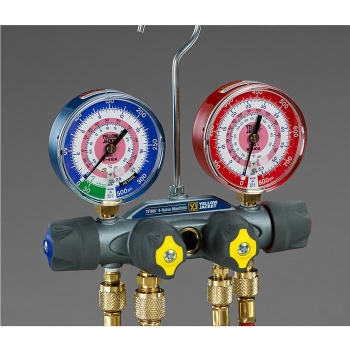 Yellow Jacket 49975 4-Valve TITAN Test/Charging Manifold, (psi Â°F) R32/454B/410A, 3-1/8" Gauges (60" PLUS II R/Y/B Hoses/Vacuum Charging Hose)