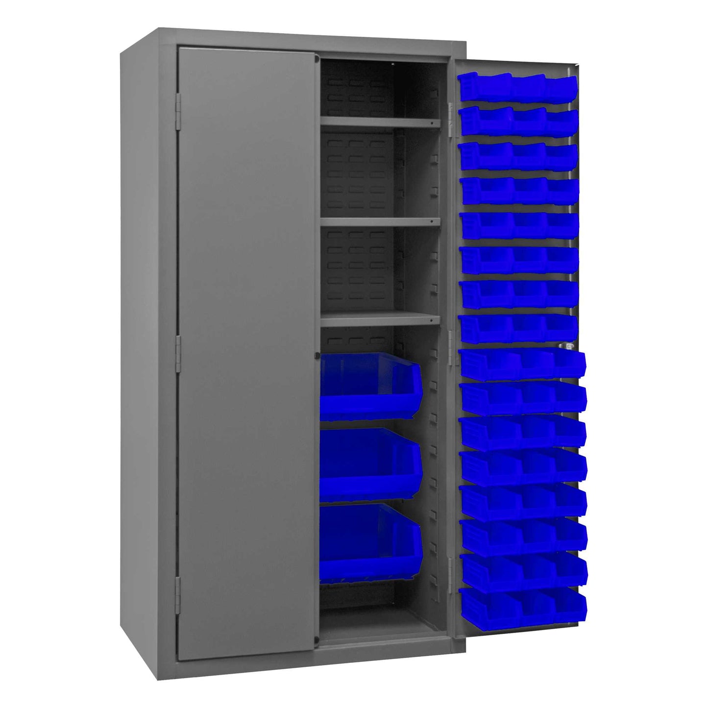 Durham 2501-BDLP-102-3S-5295 CABINET, 16 GAUGE, 102 BLUE BINS, 3 SHELVES, 36 X 24 X 72