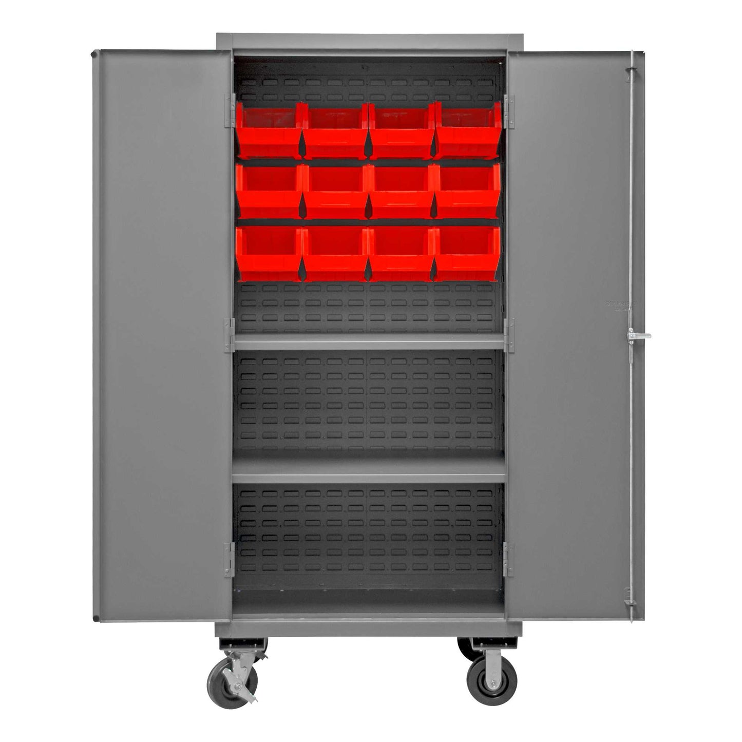 Durham 2501M-BLP-12-2S-1795 MOBILE CABINET, 16 GAUGE, 2 SHELVES, 12 RED BINS, 36 X 24 X 81