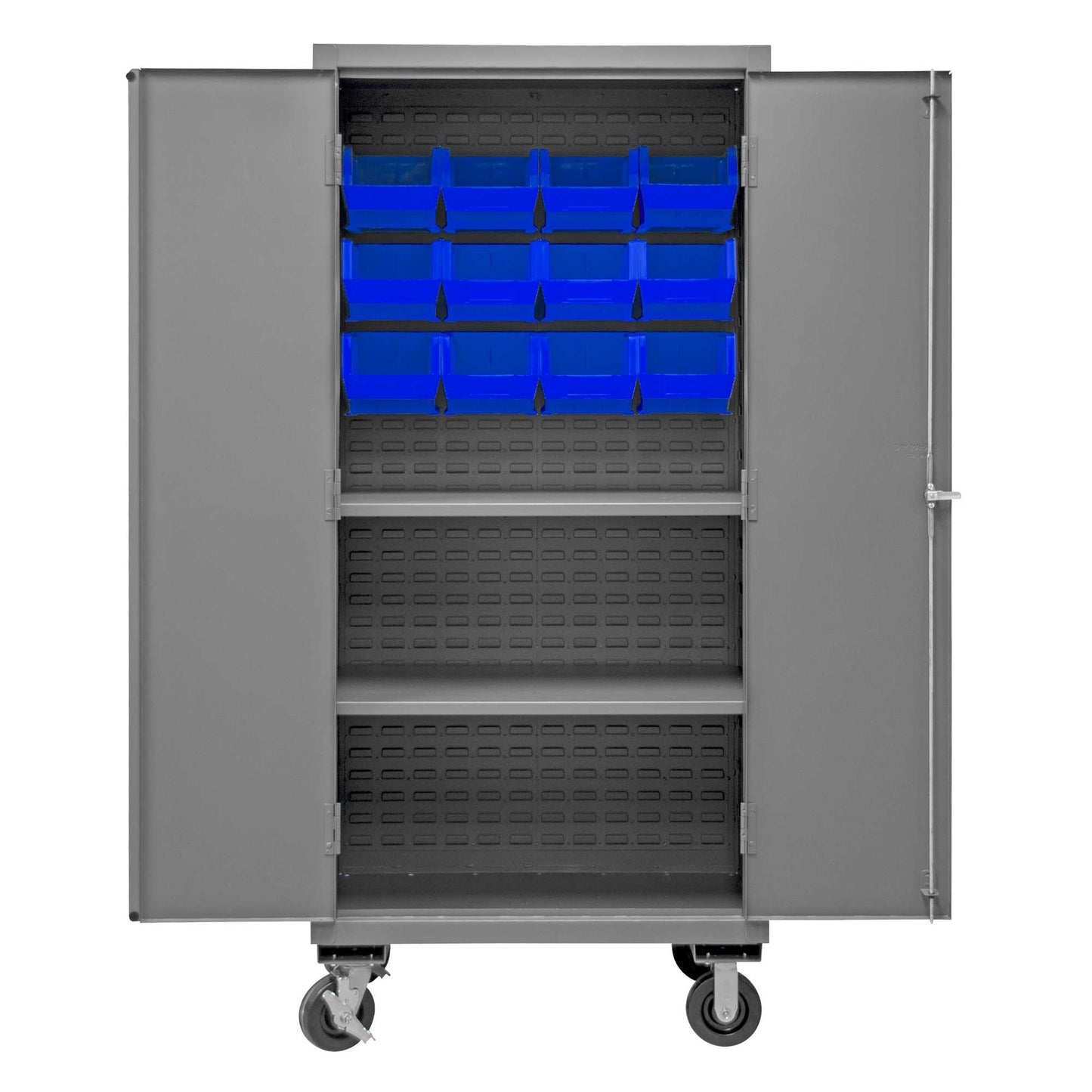 Durham 2501M-BLP-12-2S-5295 MOBILE CABINET, 16 GAUGE, 2 SHELVES, 12 BLUE BINS, 36 X 24 X 81