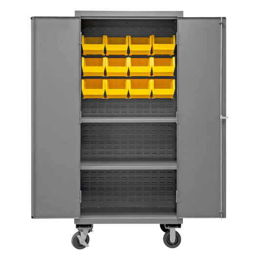 Durham 2501M-BLP-12-2S-95 MOBILE CABINET, 16 GAUGE, 2 SHELVES, 12 YELLOW BINS, 36 X 24 X 81