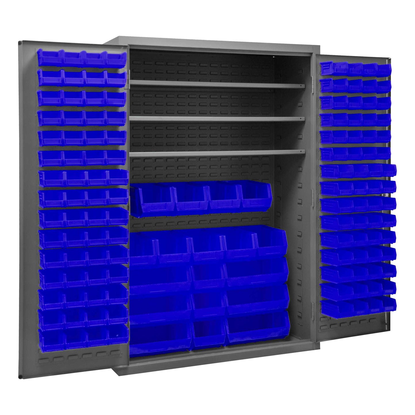 Durham 2502-138-3S-5295 CABINET, 16 GAUGE, 3 SHELVES, 138 BLUE BINS, 48 X 24 X 72