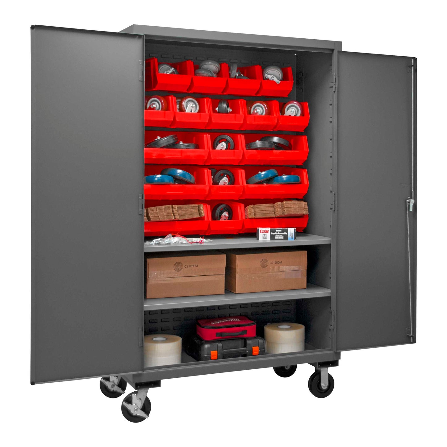 Durham 2502M-BLP-18-2S-1795 MOBILE CABINET, 16 GAUGE, 2 SHELVES, 18 RED BINS, 50-9/16 X 24 X 81