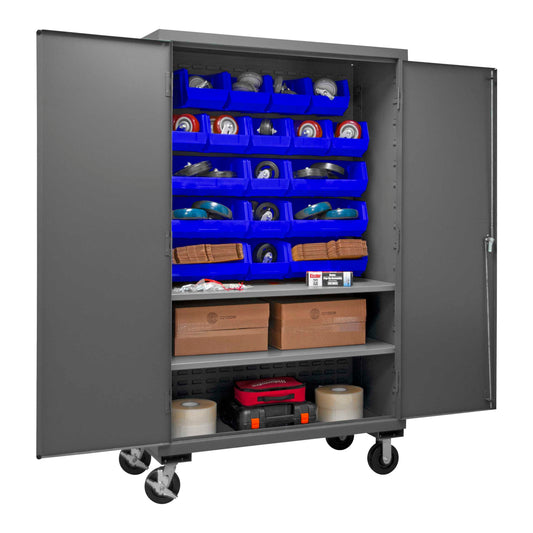 Durham 2502M-BLP-18-2S-5295 MOBILE CABINET, 16 GAUGE, 2 SHELVES, 18 BLUE BINS, 50-9/16 X 24 X 81