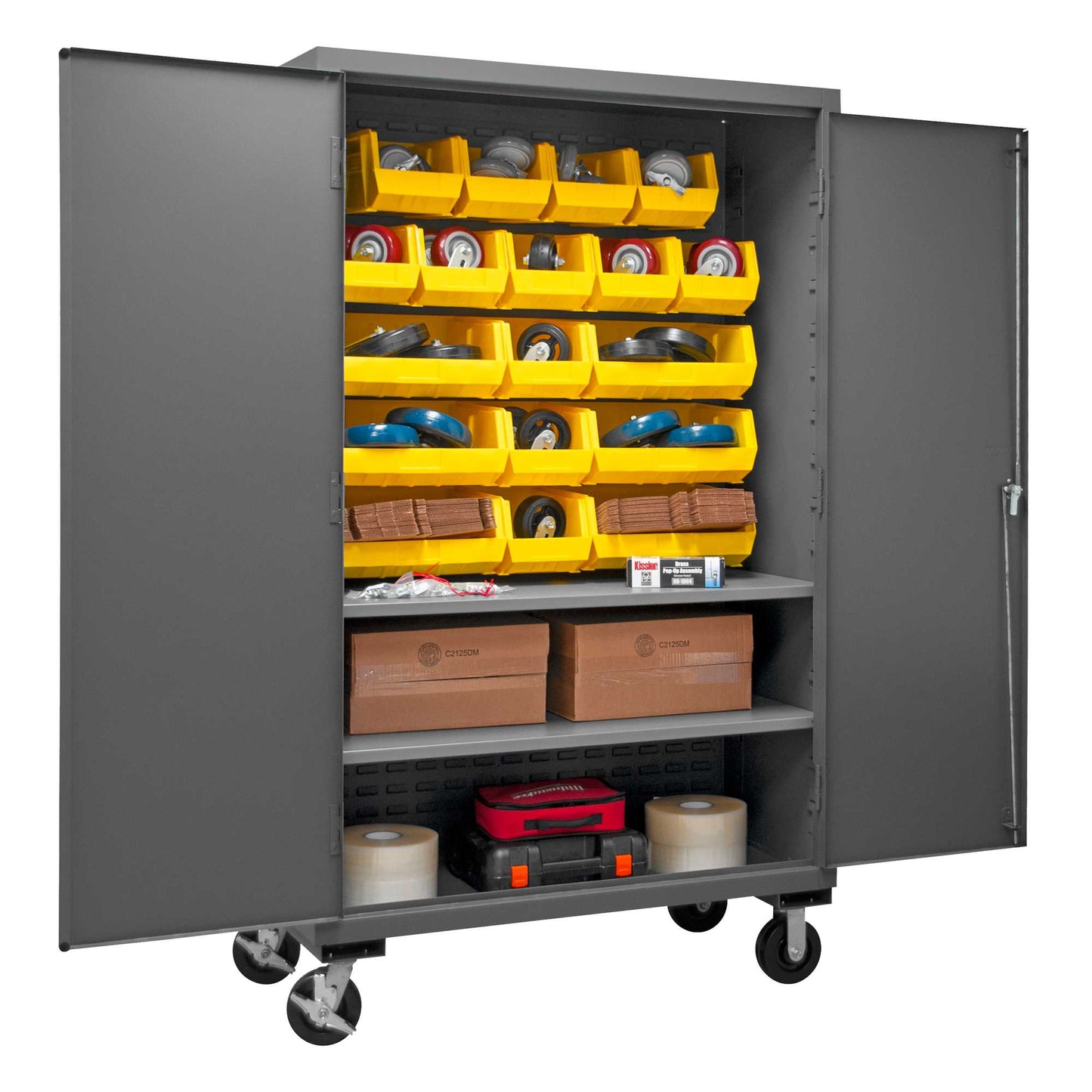 Durham 2502M-BLP-18-2S-95 MOBILE CABINET, 16 GAUGE, 2 SHELVES, 18 YELLOW BINS, 50-9/16 X 24 X 81