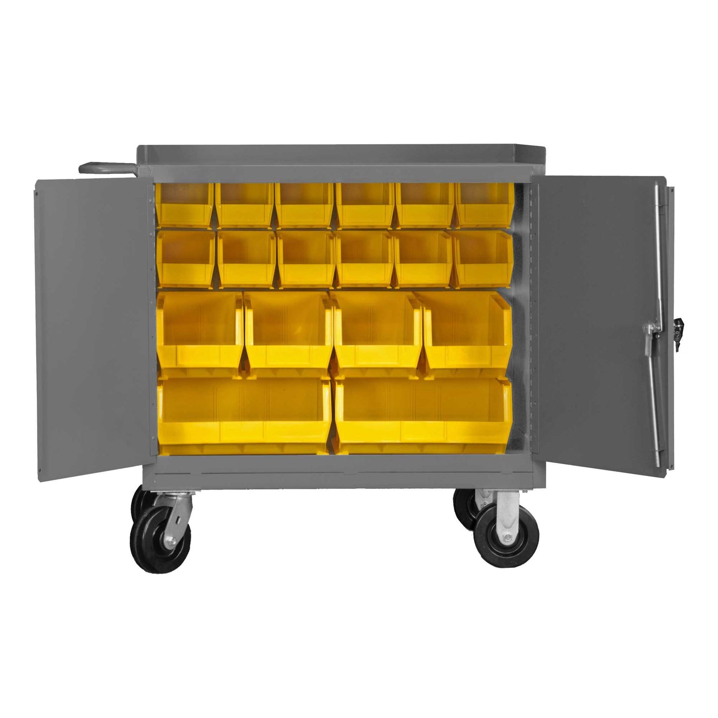 Durham 3100-BLP-18-95 MOBILE BENCH CABINET, 18 YELLOW BINS, 24-1/4 X 42-1/8 X 37-3/4