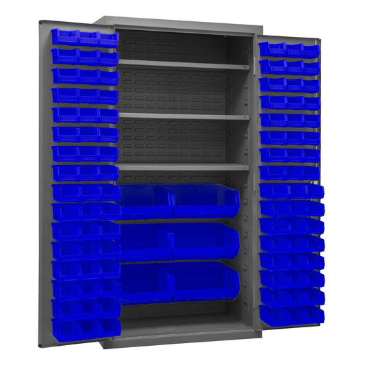 Durham 3501-BDLP-102-3S-5295 CABINET, 14 GAUGE, 3 SHELF, 102 BLUE BINS , 36 X 24 X 72