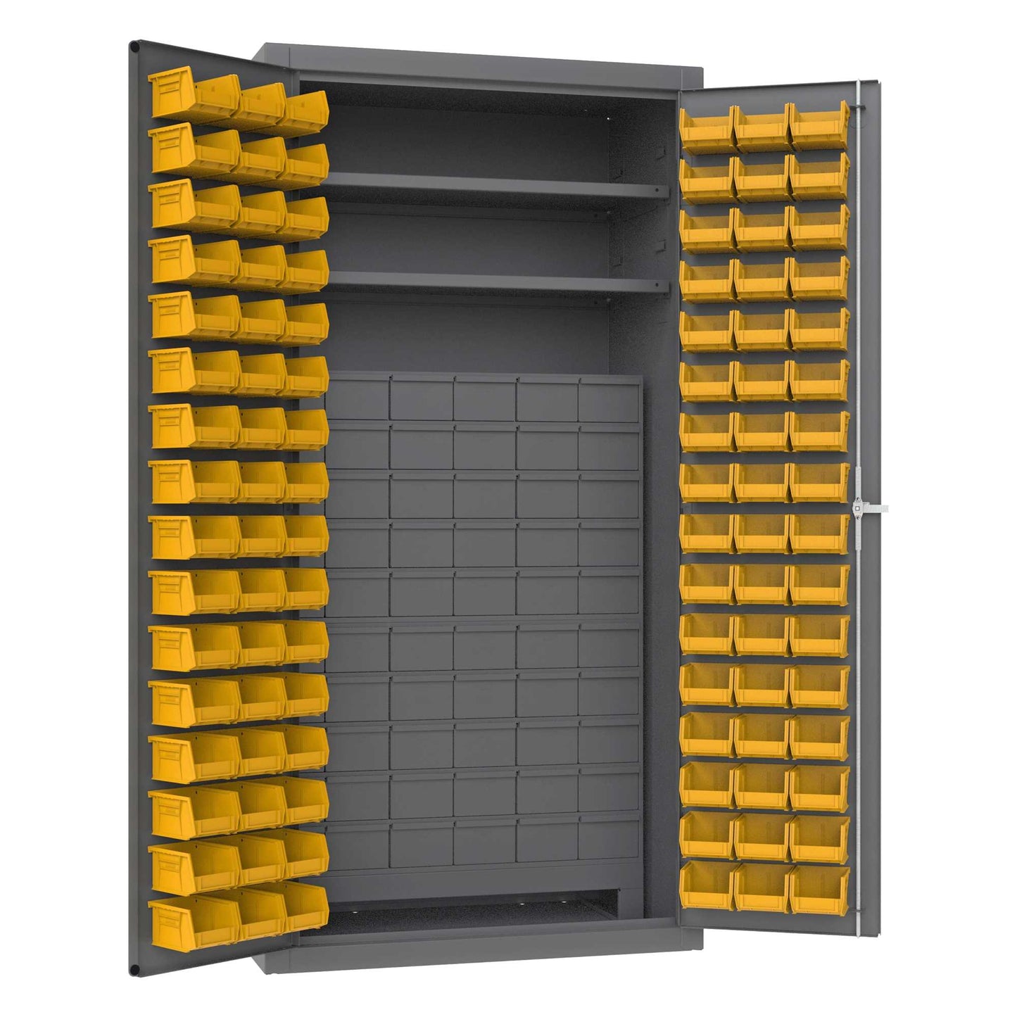 Durham 3501-DLP-60DR11-96-2S-95 CABINET, 14 GAUGE, 60 DRAWERS, 96 YELLOW BINS, 2 SHELVES , 36 X 24 X 72