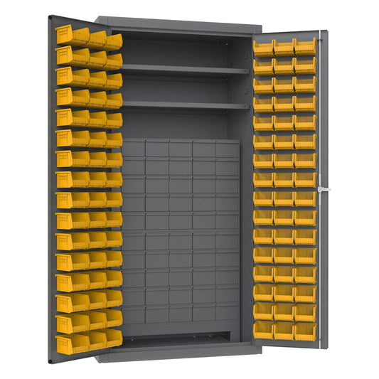 Durham 3501-DLP-60DR11-96-2S-95 CABINET, 14 GAUGE, 60 DRAWERS, 96 YELLOW BINS, 2 SHELVES , 36 X 24 X 72