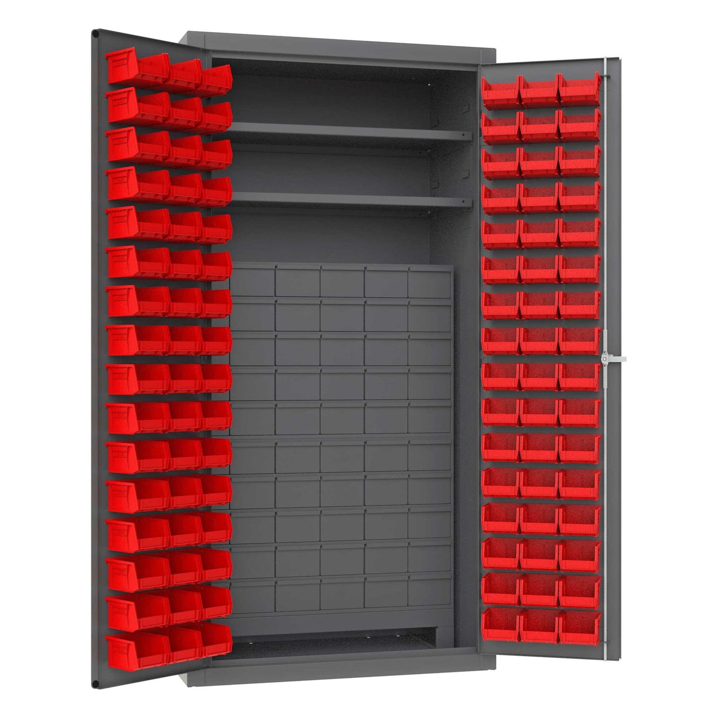 Durham 3501-DLP-60DR11-96-2S1795 CABINET, 14 GAUGE, 60 DRAWERS, 96 RED BINS, 2 SHELVES , 36 X 24 X 72