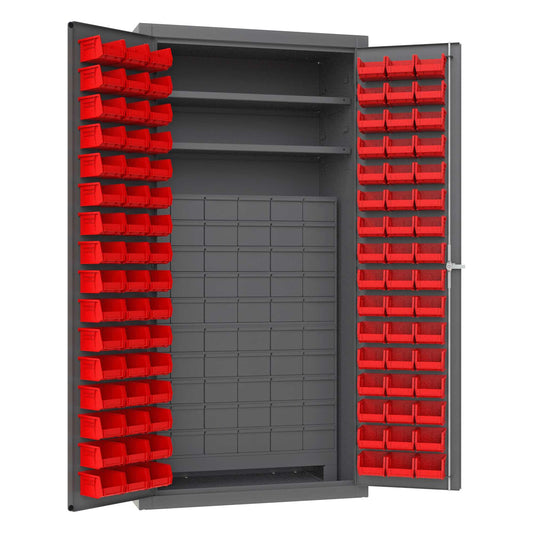 Durham 3501-DLP-60DR11-96-2S1795 CABINET, 14 GAUGE, 60 DRAWERS, 96 RED BINS, 2 SHELVES , 36 X 24 X 72