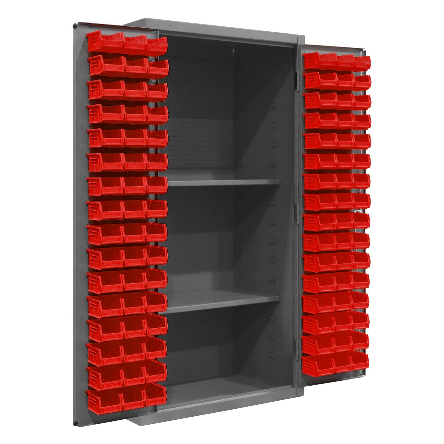 Durham 3501-DLP-PB-96-2S-1795 CABINET, 14 GAUGE, PEGBOARD, 2 SHELVES, 96 RED BINS , 36 X 24 X 72