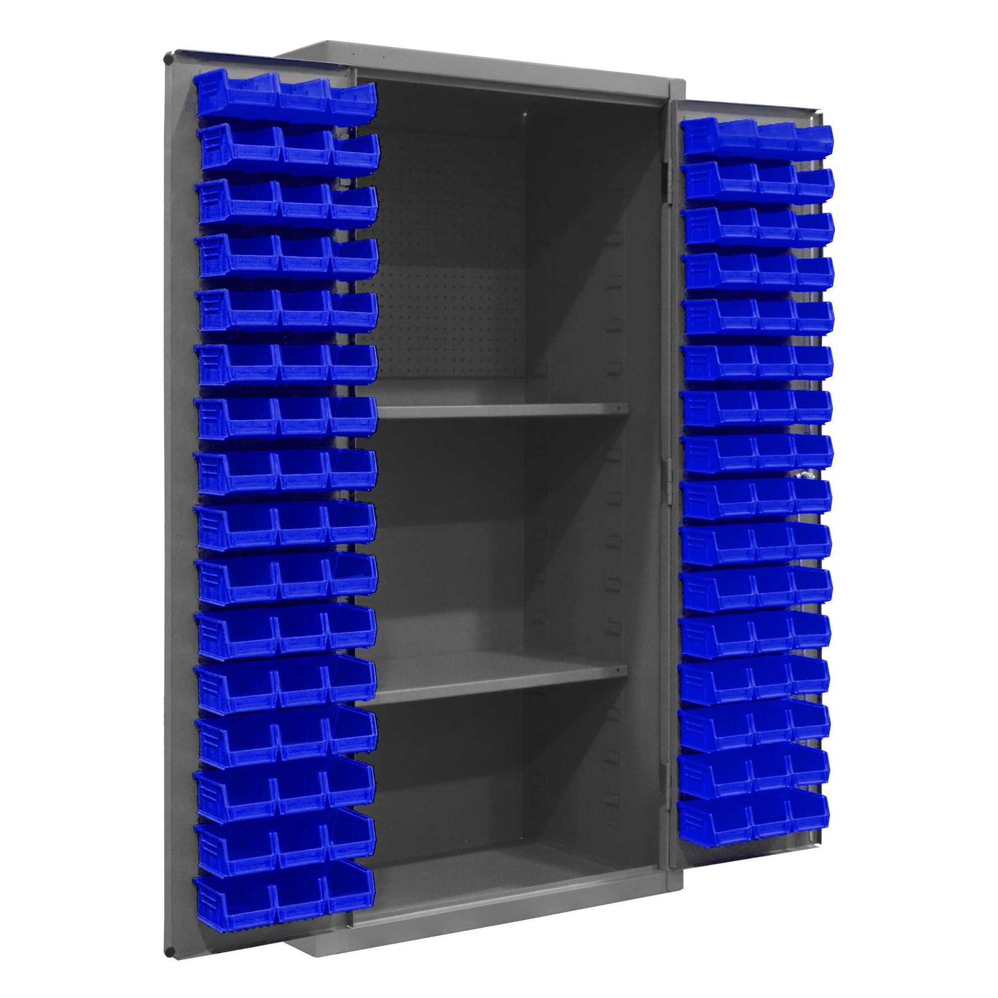 Durham 3501-DLP-PB-96-2S-5295 CABINET, 14 GAUGE, PEGBOARD, 2 SHELVES, 96 BLUE BINS , 36 X 24 X 72