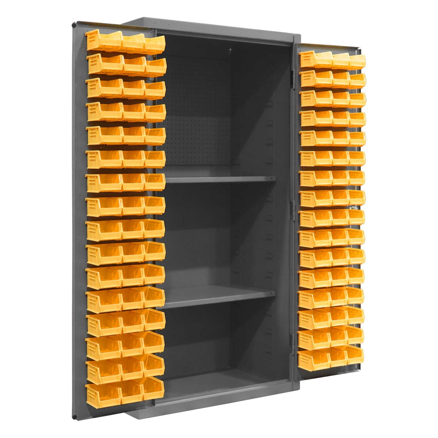 Durham 3501-DLP-PB-96-2S-95 CABINET, 14 GAUGE, PEGBOARD, 2 SHELVES, 96 YELLOW BINS , 36 X 24 X 72