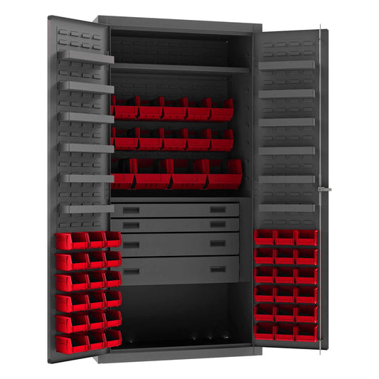 Durham 3501524RDR-1795 CABINET, 14 GAUGE, 4 DRAWER, 2 SHELVES, 12 DOOR SHELVES, 52 RED BINS , 36 X 24 X 72