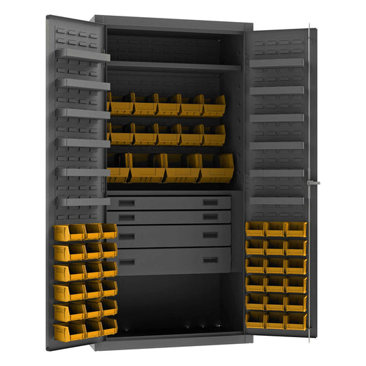 Durham 3501524RDR-95 CABINET, 14 GAUGE, 4 DRAWER, 2 SHELVES, 12 DOOR SHELVES, 52 YELLOW BINS , 36 X 24 X 72