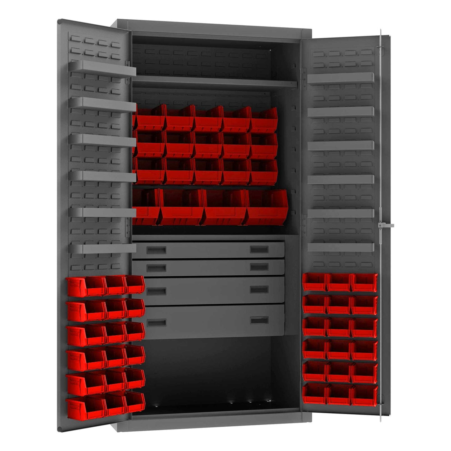 Durham 3501584RDR-1795 CABINET, 14 GAUGE, 4 DRAWER, 2 SHELVES, 12 DOOR SHELVES, 58 RED BINS , 36 X 24 X 72