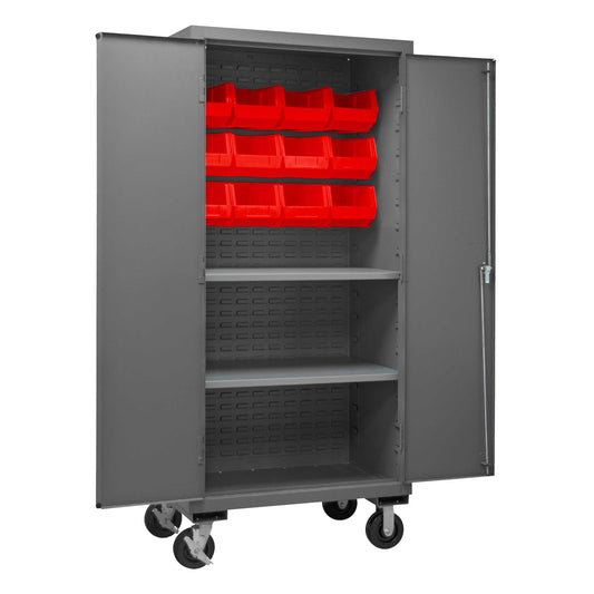 Durham 3501M-BLP-12-2S-1795 MOBILE CABINET, 14 GAUGE, 2 SHELVES, 12 RED BINS , 36 X 24 X 81