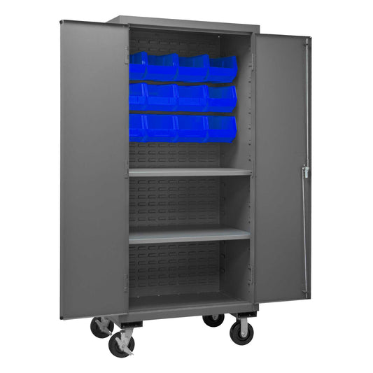 Durham 3501M-BLP-12-2S-5295 MOBILE CABINET, 14 GAUGE, 2 SHELVES, 12 BLUE BINS , 36 X 24 X 81