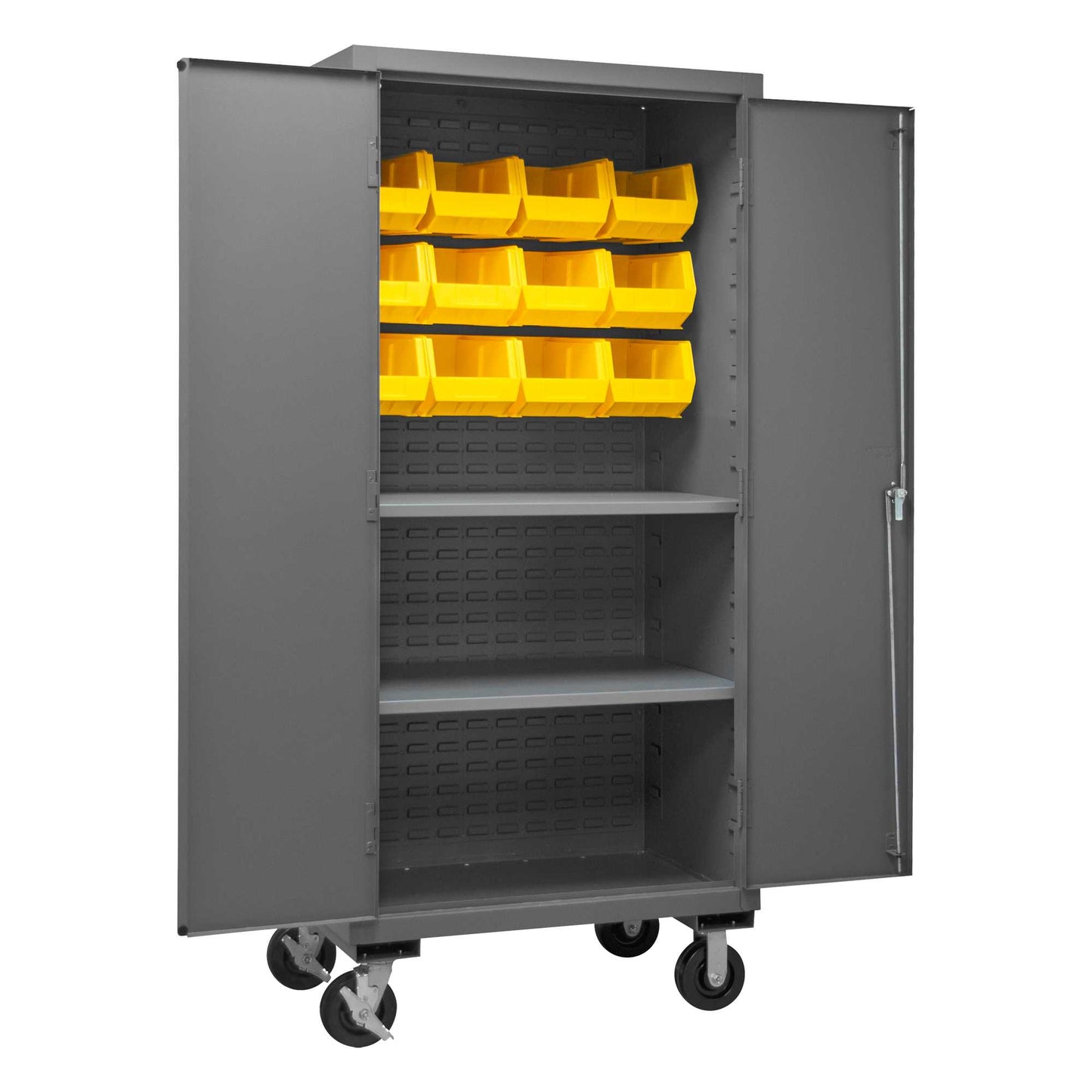 Durham 3501M-BLP-12-2S-95 MOBILE CABINET, 14 GAUGE, 2 SHELVES, 12 YELLOW BINS , 36 X 24 X 81