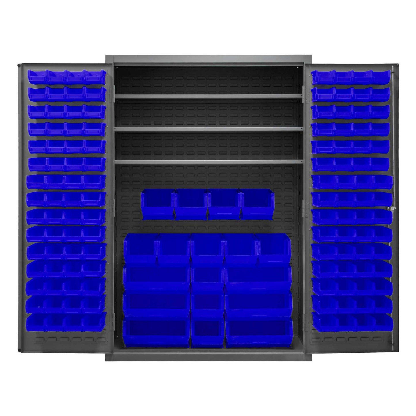 Durham 3502-138-3S-5295 CABINET, 14 GAUGE , 3 SHELF, 138 BLUE BINS , 48 X 24 X 72