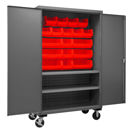 Durham 3502M-BLP-18-2S-1795 MOBILE CABINET, 14 GAUGE, 2 SHELVES, 18 RED BINS , 48 X 24 X 81