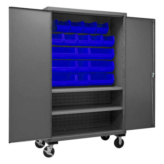 Durham 3502M-BLP-18-2S-5295 MOBILE CABINET, 14 GAUGE, 2 SHELVES, 18 BLUE BINS , 48 X 24 X 81