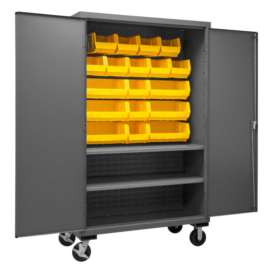 Durham 3502M-BLP-18-2S-95 MOBILE CABINET, 14 GAUGE, 2 SHELVES, 18 YELLOW BINS , 48 X 24 X 81