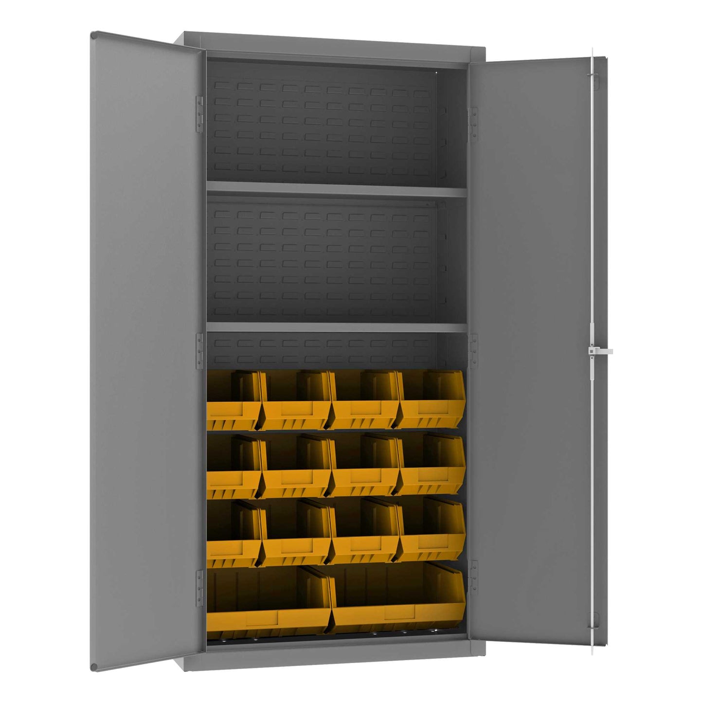 Durham 3602-BLP-14-2S-95 CABINET, 14 GAUGE, 2 SHELF, 14 YELLOW BINS , 36 X 18 X 72