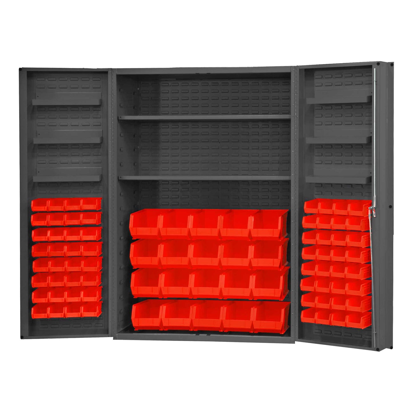 Durham DC48-842S6DS-1795 CABINET, 14 GAUGE, 2 SHELVES, 6 DOOR TRAYS, 84 RED BINS , 48 X 24 X 72