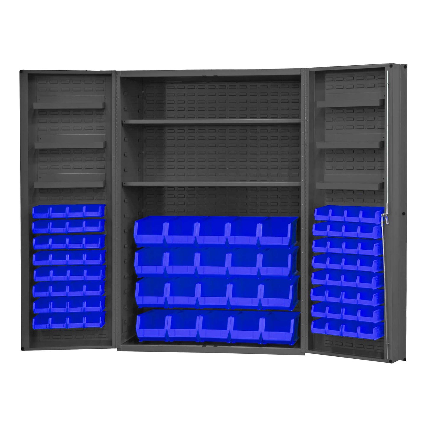 Durham DC48-842S6DS-5295 CABINET, 14 GAUGE, 2 SHELVES, 6 DOOR TRAYS, 84 BLUE BINS , 48 X 24 X 72