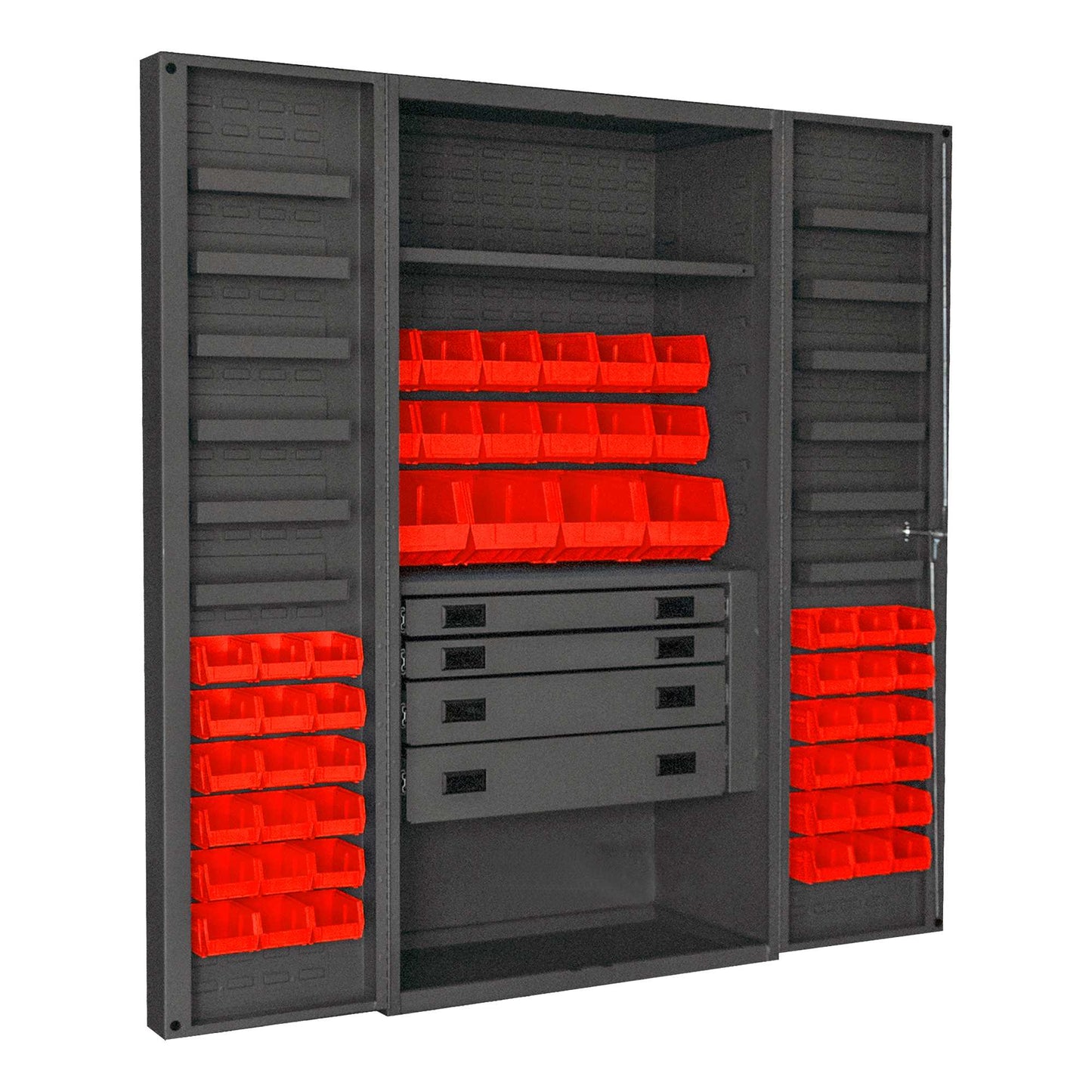 Durham DCBDLP524RDR-1795 CABINET, 14 GAUGE, 4 DRAWER, 1 SHELF, 12 DOOR TRAYS, 52 RED BINS , 36 X 24 X 72