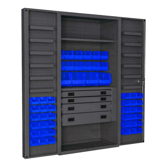 Durham DCBDLP524RDR-5295 CABINET, 14 GAUGE, 4 DRAWER, 1 SHELF, 12 DOOR TRAYS, 52 BLUE BINS , 36 X 24 X 72