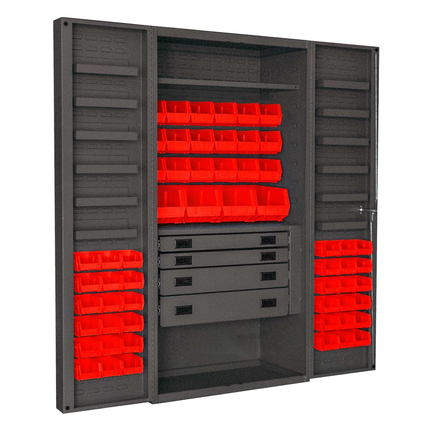 Durham DCBDLP584RDR-1795 CABINET, 14 GAUGE, 4 DRAWER, 1 SHELF, 12 DOOR TRAYS, 58 RED BINS , 36 X 24 X 72