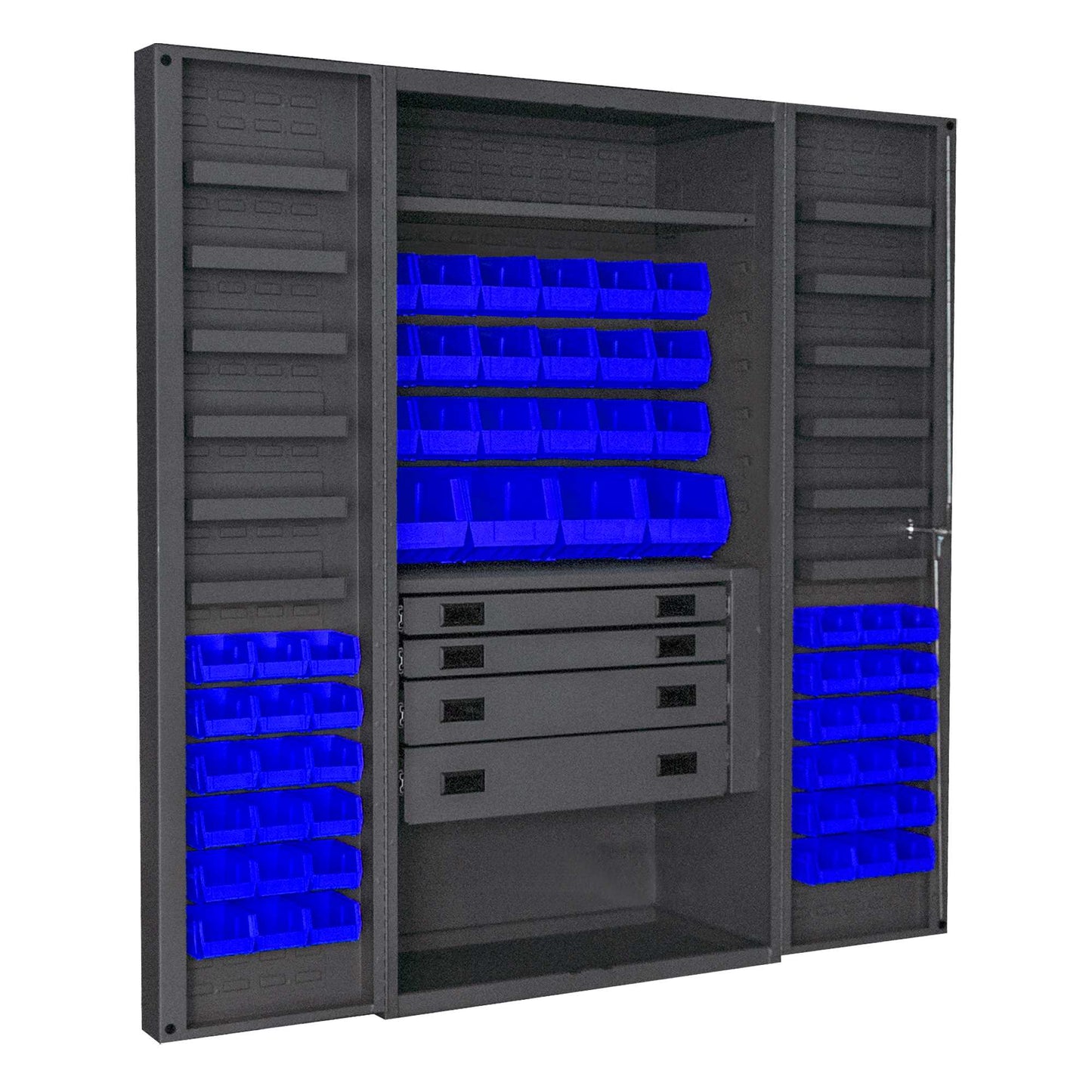 Durham DCBDLP584RDR-5295 CABINET, 14 GAUGE, 4 DRAWER, 1 SHELF, 12 DOOR TRAYS, 58 BLUE BINS , 36 X 24 X 72