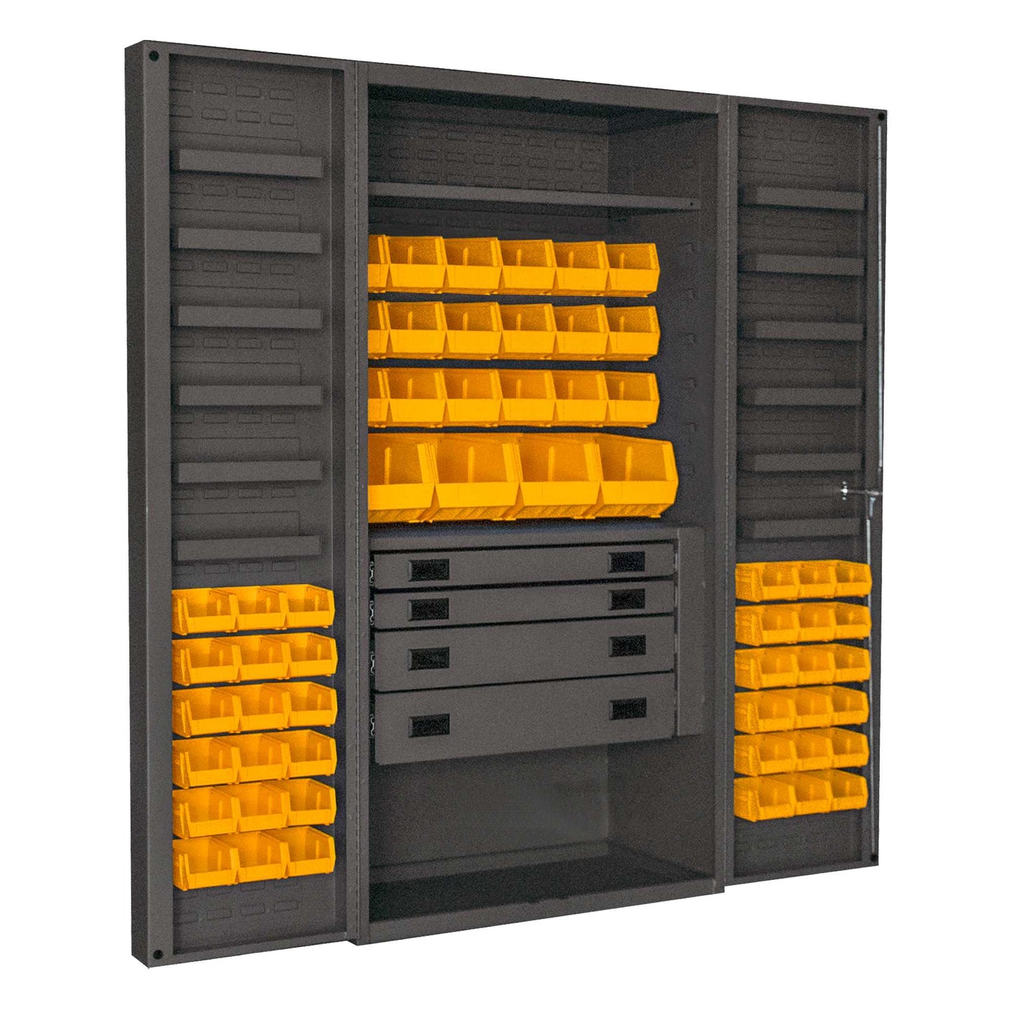 Durham DCBDLP584RDR-95 CABINET, 14 GAUGE, 4 DRAWER, 1 SHELF, 12 DOOR TRAYS, 58 YELLOW BINS , 36 X 24 X 72