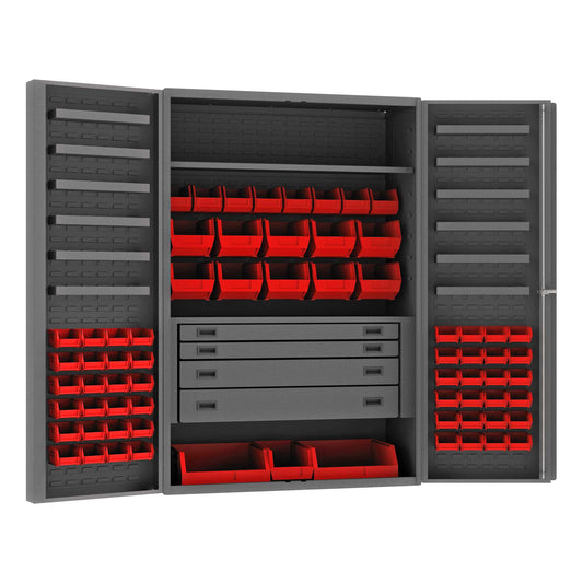 Durham DCBDLP694RDR-1795 CABINET, 14 GAUGE, 4 DRAWER, 1 SHELF, 12 DOOR TRAYS, 69 RED BINS , 48 X 24 X 72