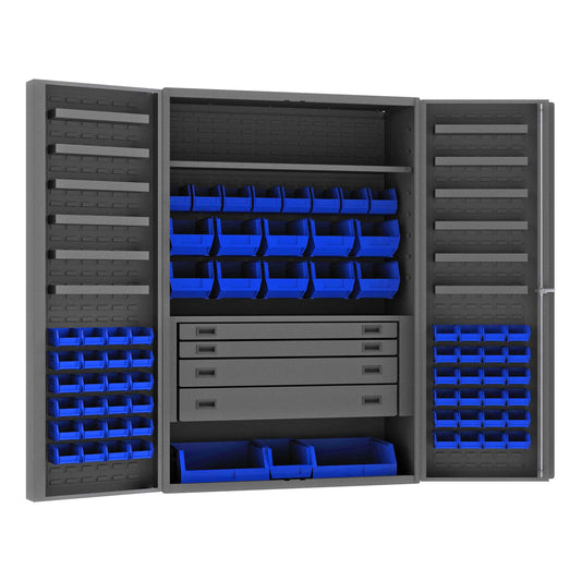 Durham DCBDLP694RDR-5295 CABINET, 14 GAUGE, 4 DRAWER, 1 SHELF, 12 DOOR TRAYS, 69 BLUE BINS , 48 X 24 X 72