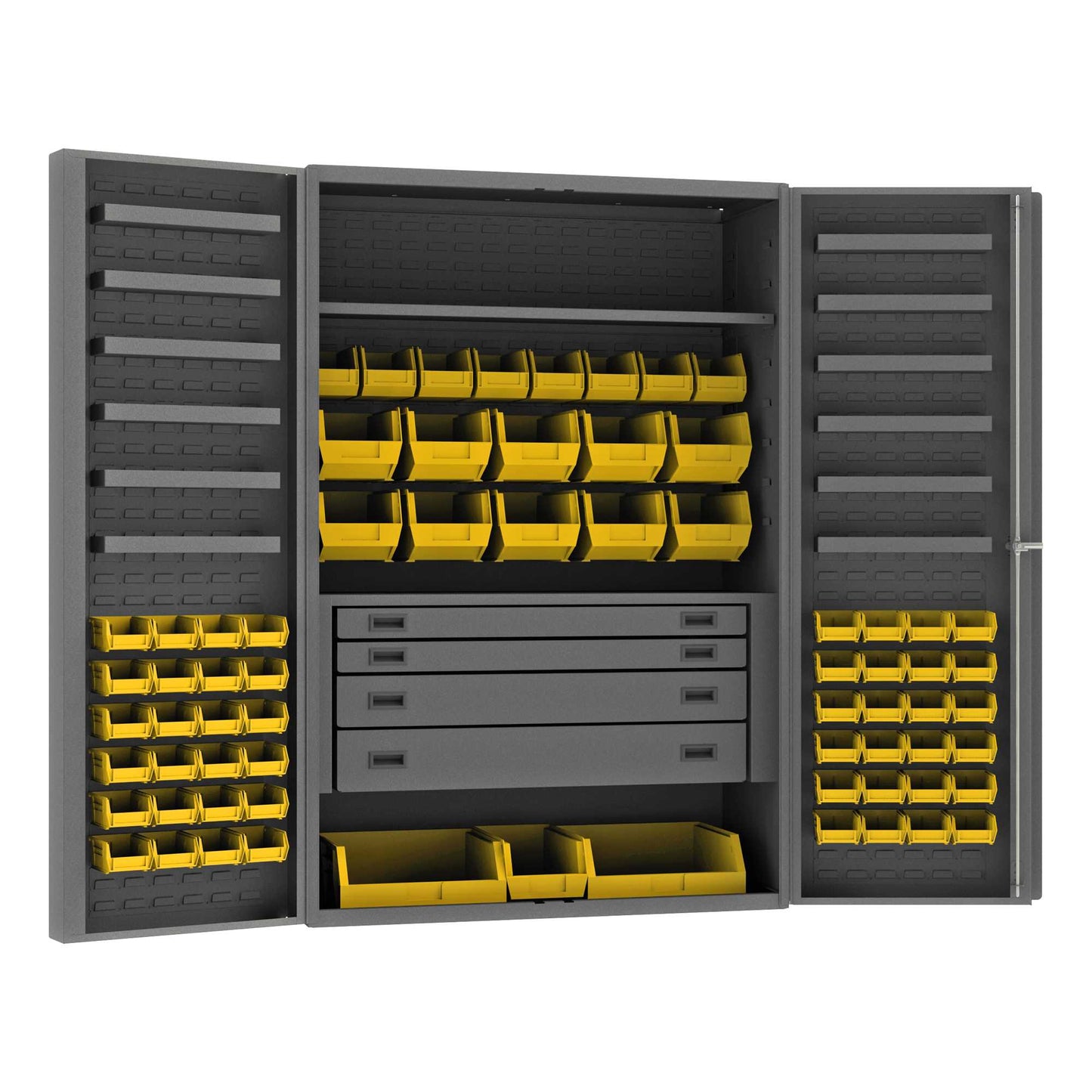 Durham DCBDLP694RDR-95 CABINET, 14 GAUGE, 4 DRAWER, 1 SHELF, 12 DOOR TRAYS, 69 YELLOW BINS , 48 X 24 X 72