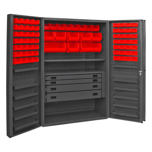 Durham DCBDLP724RDR-1795 CABINET, 14 GAUGE, 4 DRAWER, 1 SHELF, 12 DOOR TRAYS, 72 RED BINS , 48 X 24 X 72