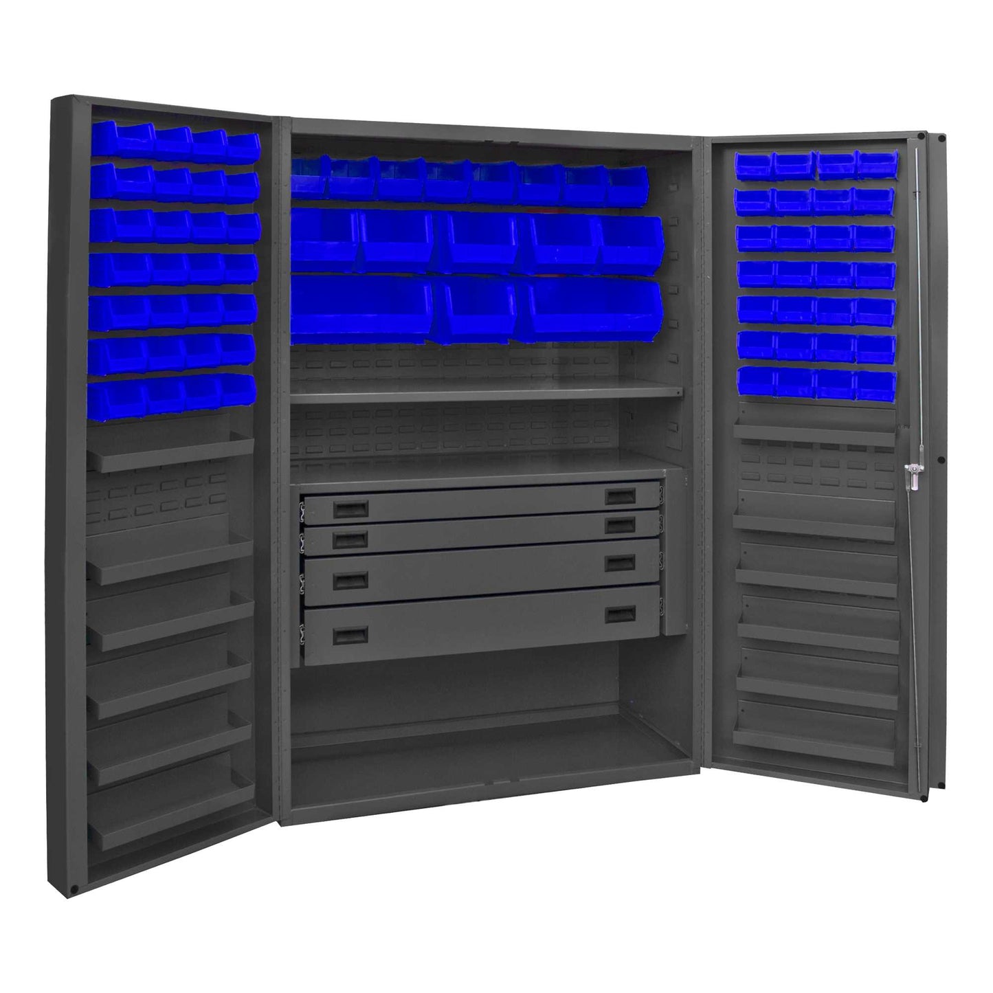 Durham DCBDLP724RDR-5295 CABINET, 14 GAUGE, 4 DRAWER, 1 SHELF, 12 DOOR TRAYS, 72 BLUE BINS , 48 X 24 X 72