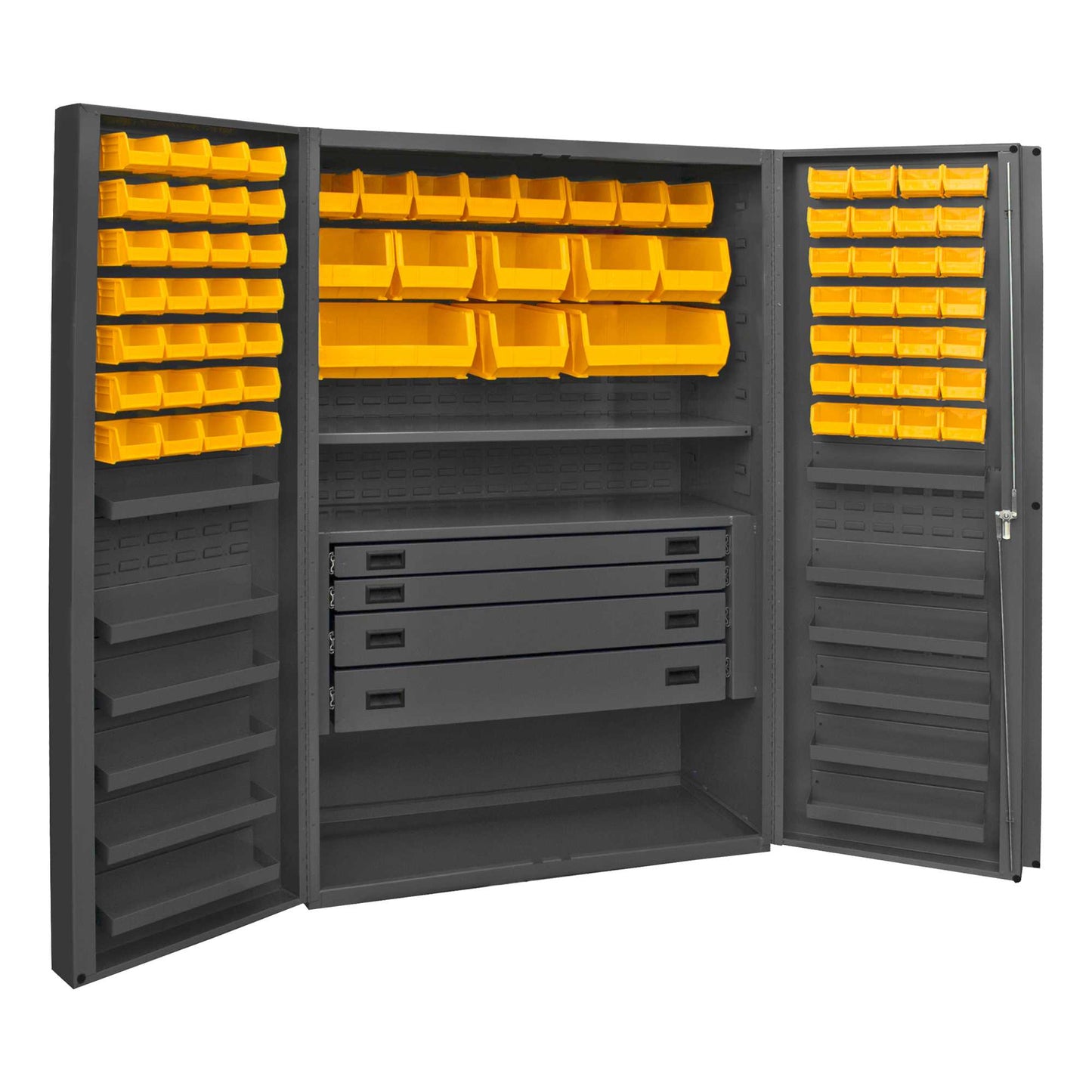 Durham DCBDLP724RDR-95 CABINET, 14 GAUGE, 4 DRAWER, 1 SHELF, 12 DOOR TRAYS, 72 YELLOW BINS , 48 X 24 X 72