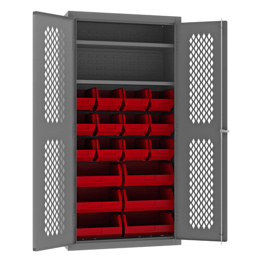 Durham EMDC-361872-18B-2S-1795 VENTILATED CABINET, 14 GAUGE, 2 SHELVES, 18 RED BINS , 36 X 18 X 72