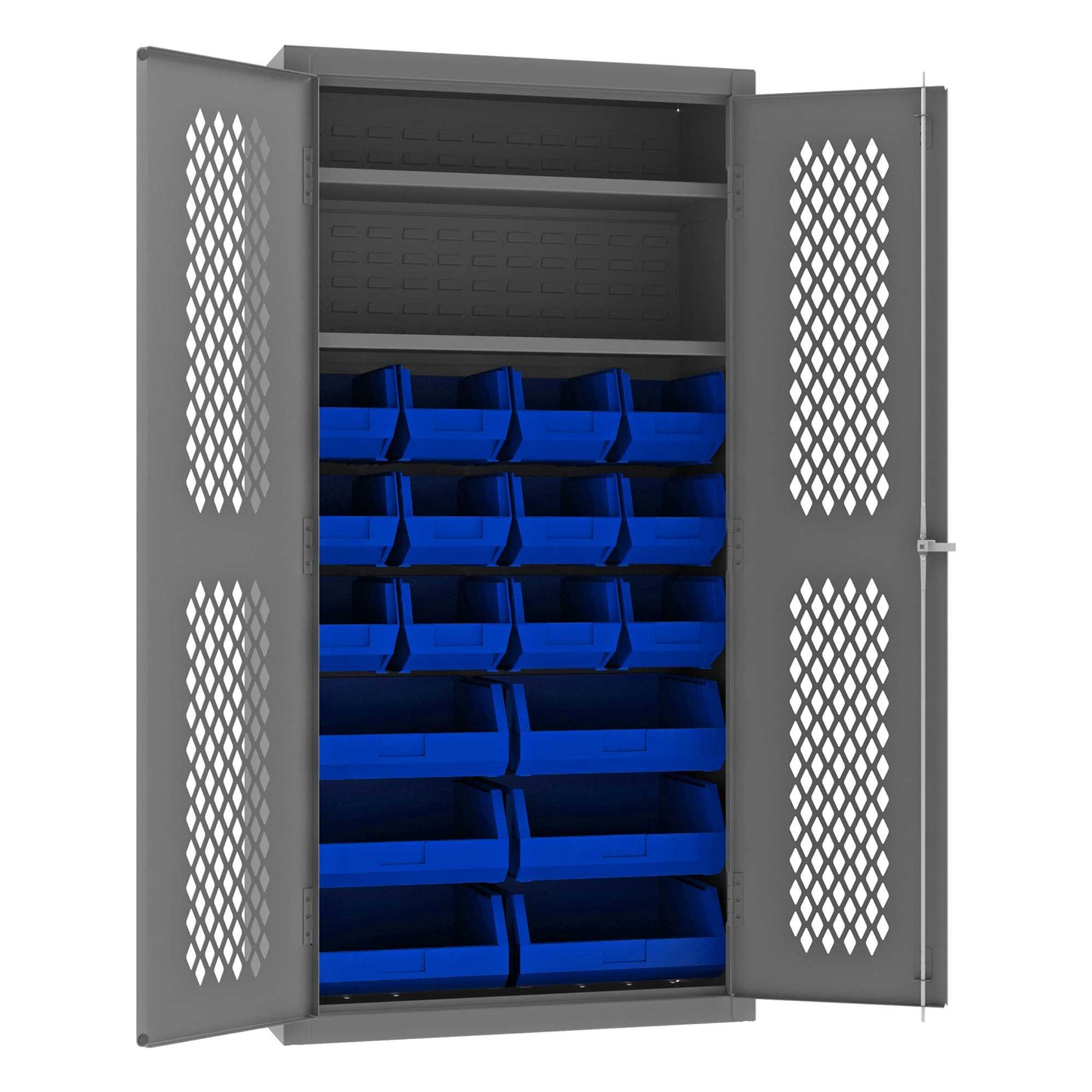 Durham EMDC-361872-18B-2S-5295 VENTILATED CABINET, 14 GAUGE, 2 SHELVES, 18 BLUE BINS , 36 X 18 X 72