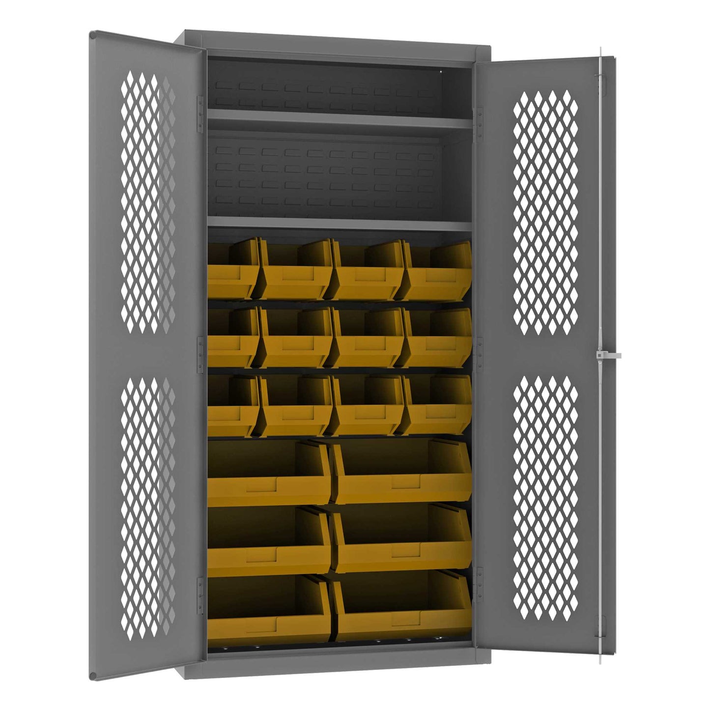 Durham EMDC-361872-18B-2S-95 VENTILATED CABINET, 14 GAUGE, 2 SHELVES, 18 YELLOW BINS , 36 X 18 X 72