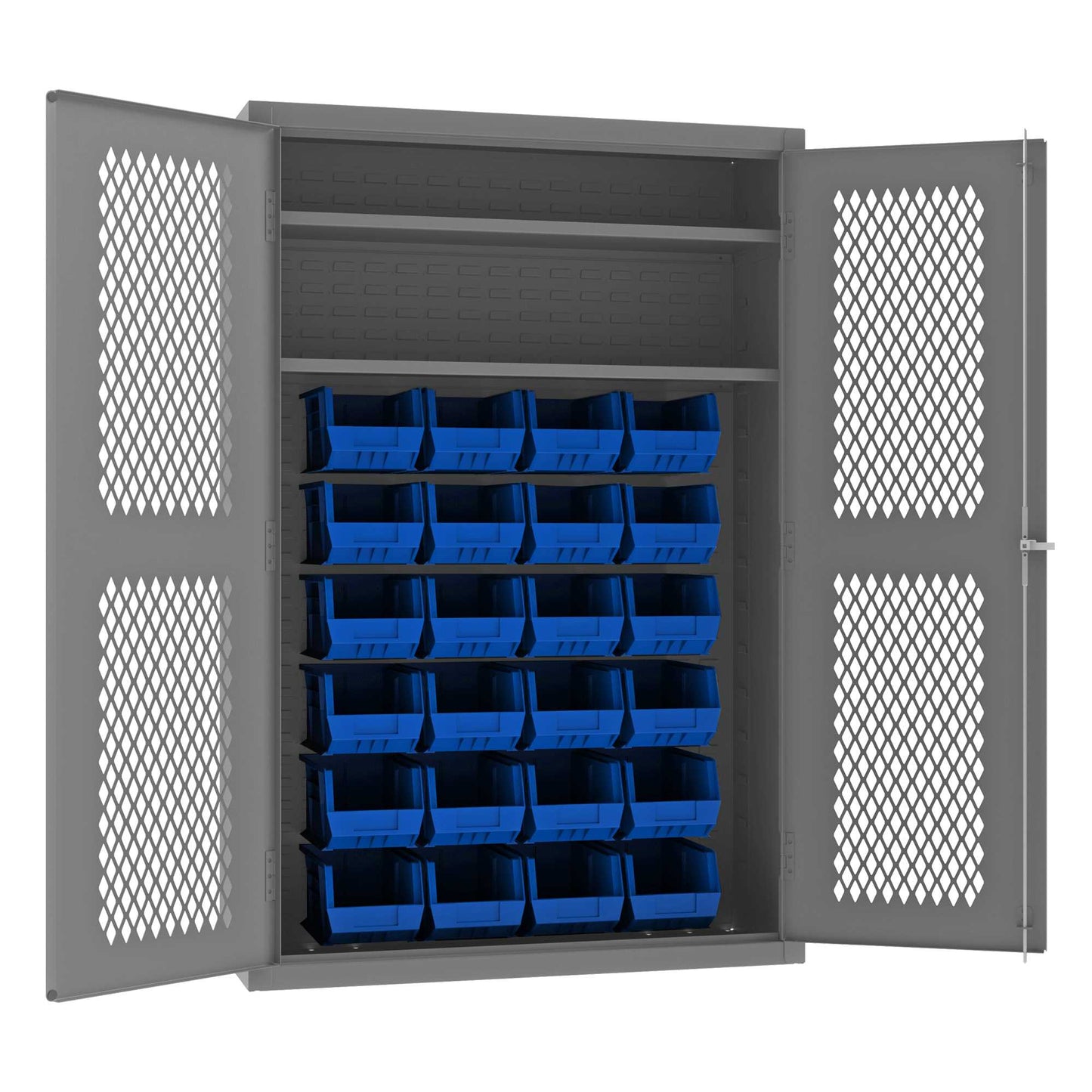 Durham EMDC-481872-24B-2S-5295 VENTILATED CABINET, 14 GAUGE, 2 SHELVES, 24 BLUE BINS , 48 X 18 X 72