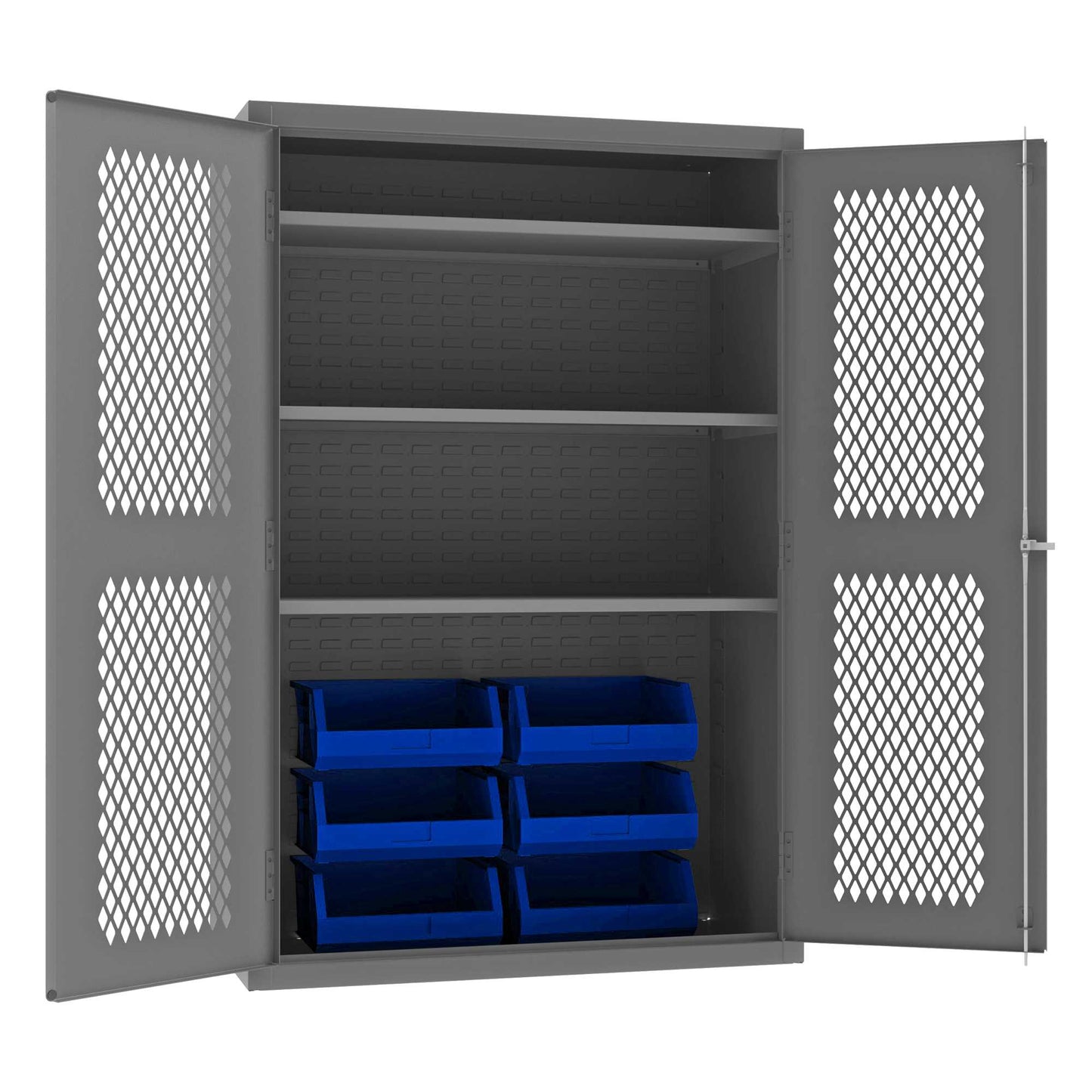 Durham EMDC-482472-6B-3S-5295 VENTILATED CABINET, 14 GAUGE, 3 SHELVES, 6 BLUE BINS , 48 X 24 X 72