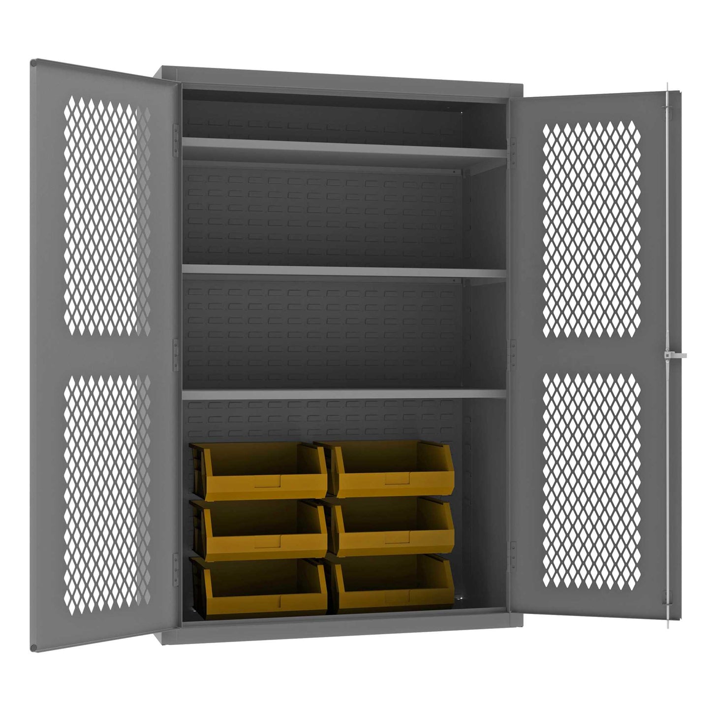 Durham EMDC-482472-6B-3S-95 VENTILATED CABINET, 14 GAUGE, 3 SHELVES, 6 YELLOW BINS , 48 X 24 X 72