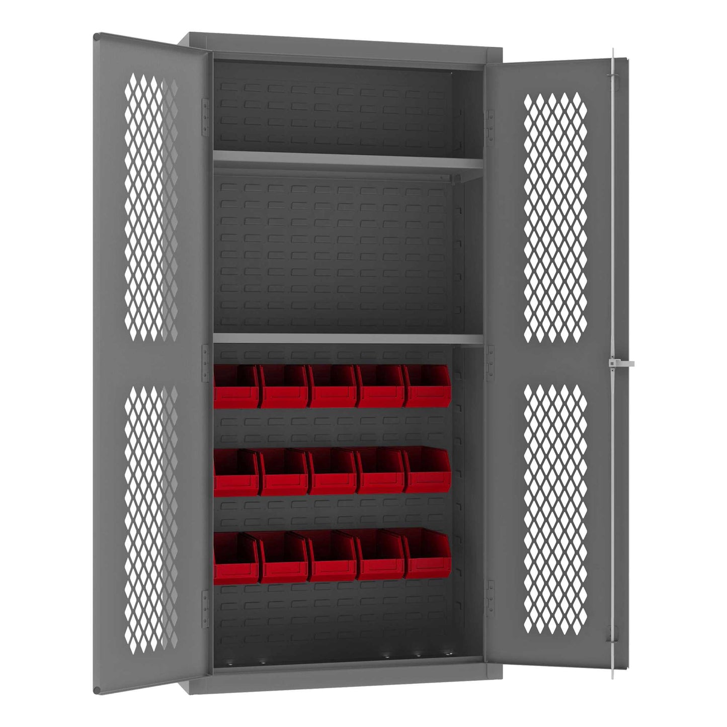 Durham EMDC36182S15B1795 VENTILATED CABINET, 14 GAUGE, 2 SHELVES, 15 RED BINS , 36 X 18 X 72