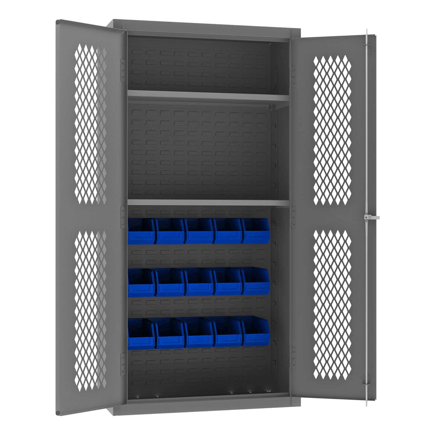 Durham EMDC36182S15B5295 VENTILATED CABINET, 14 GAUGE, 2 SHELVES, 15 BLUE BIN , 36 X 18 X 72